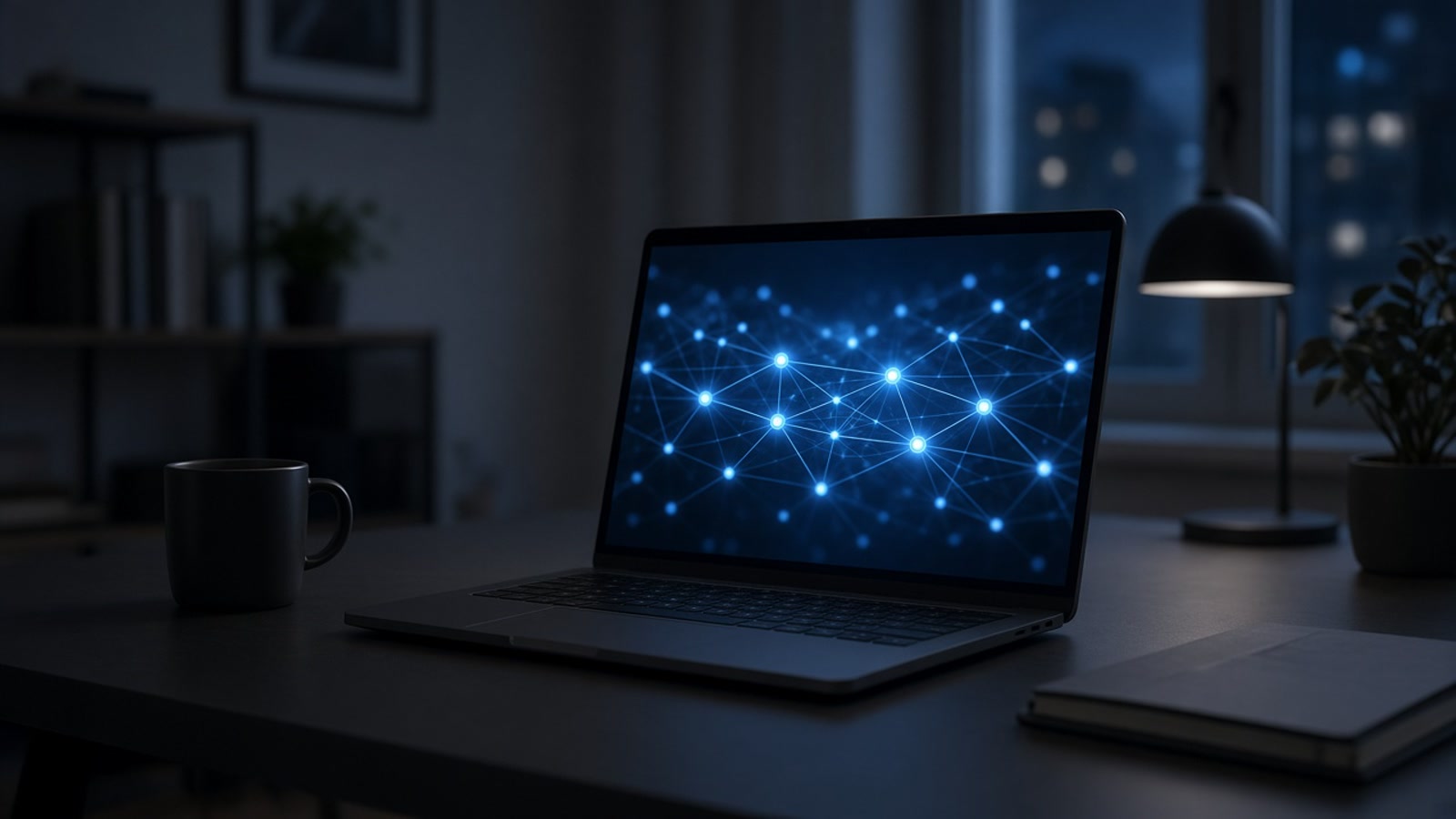 quiet night desk laptop soft blue network glow