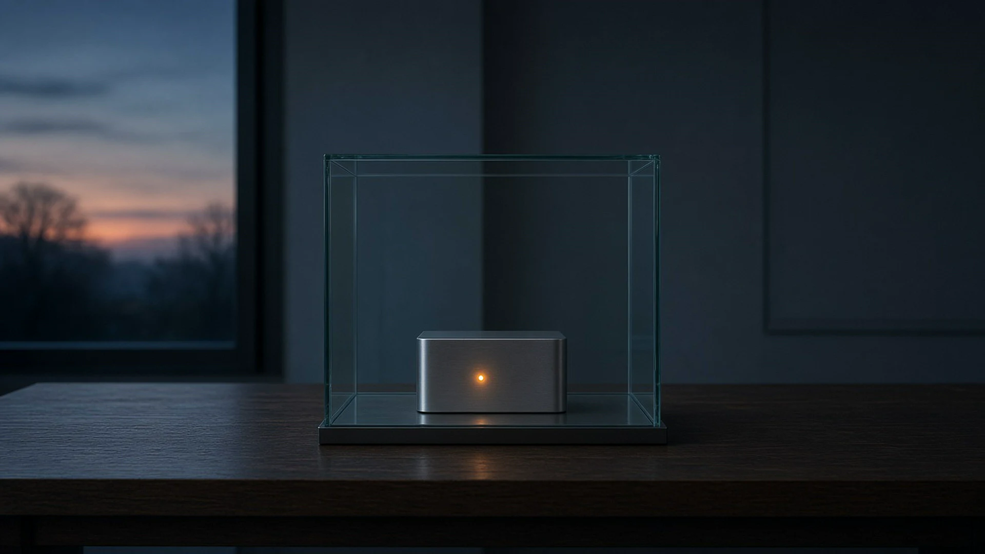 Small metal box with an amber light inside a clear glass case on a wooden table at dusk