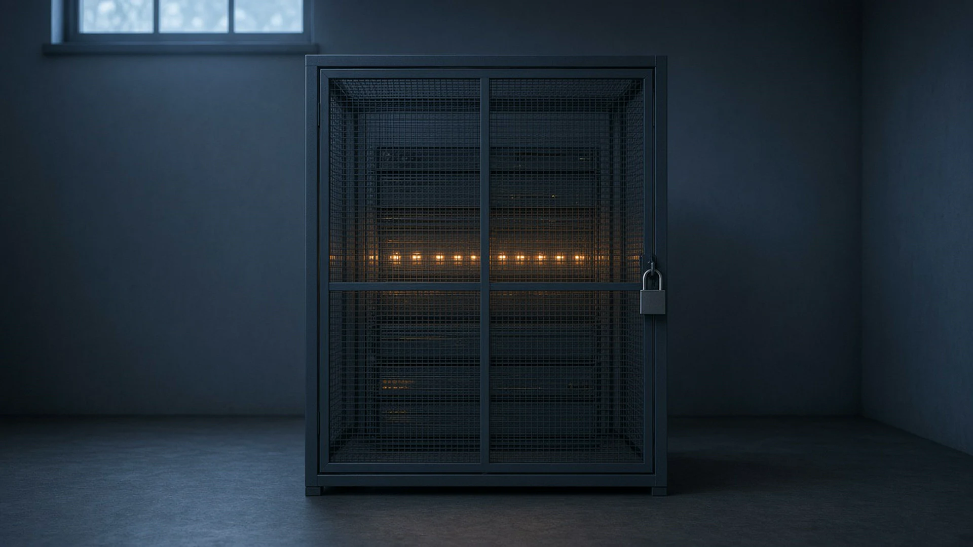 Locked wire mesh server cage with small amber lights in a dim room at dusk