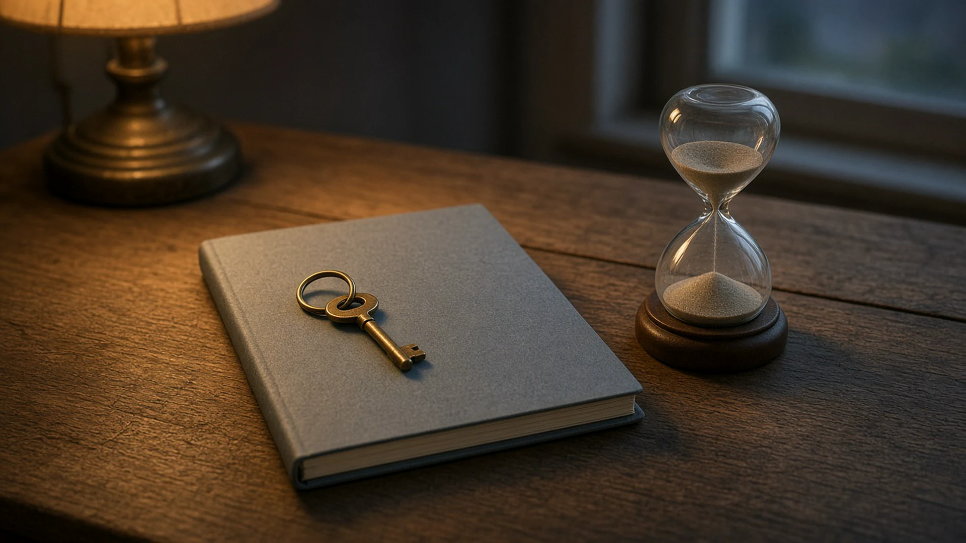 Single brass key on a closed ledger book beside a small hourglass under warm lamp light