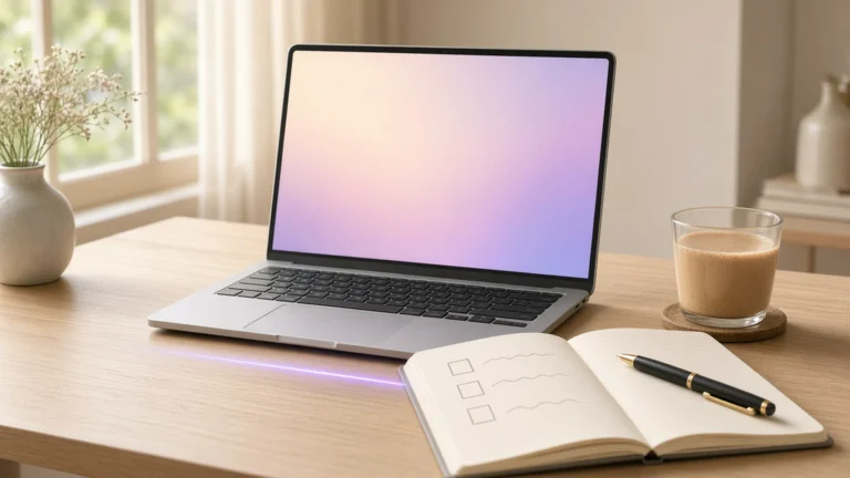 A calm morning desk with a laptop, notebook and chai, crossed by a thin line of violet light