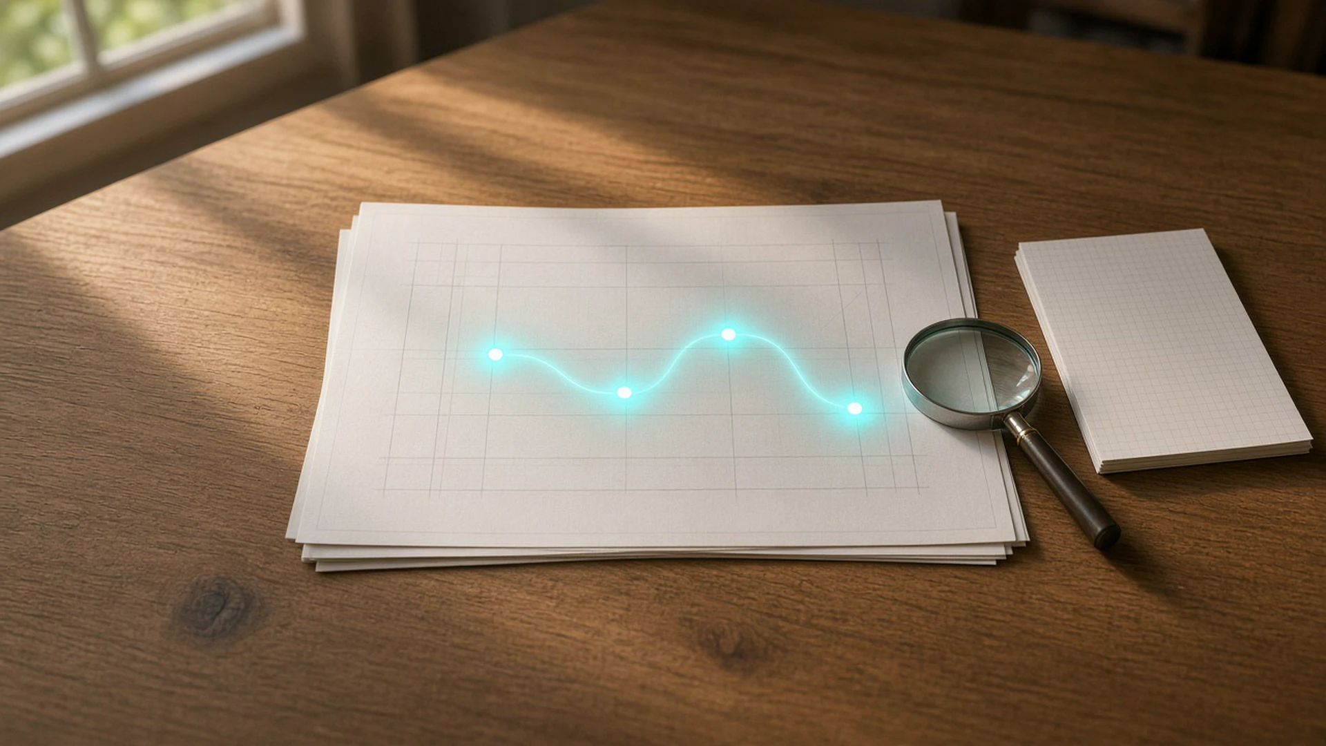 A long printed technical document spread across a wooden desk, checked section by section in soft teal light