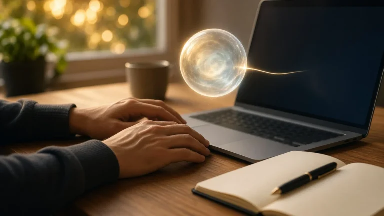 Hands near a laptop with a glowing abstract AI assistant shape beside the screen