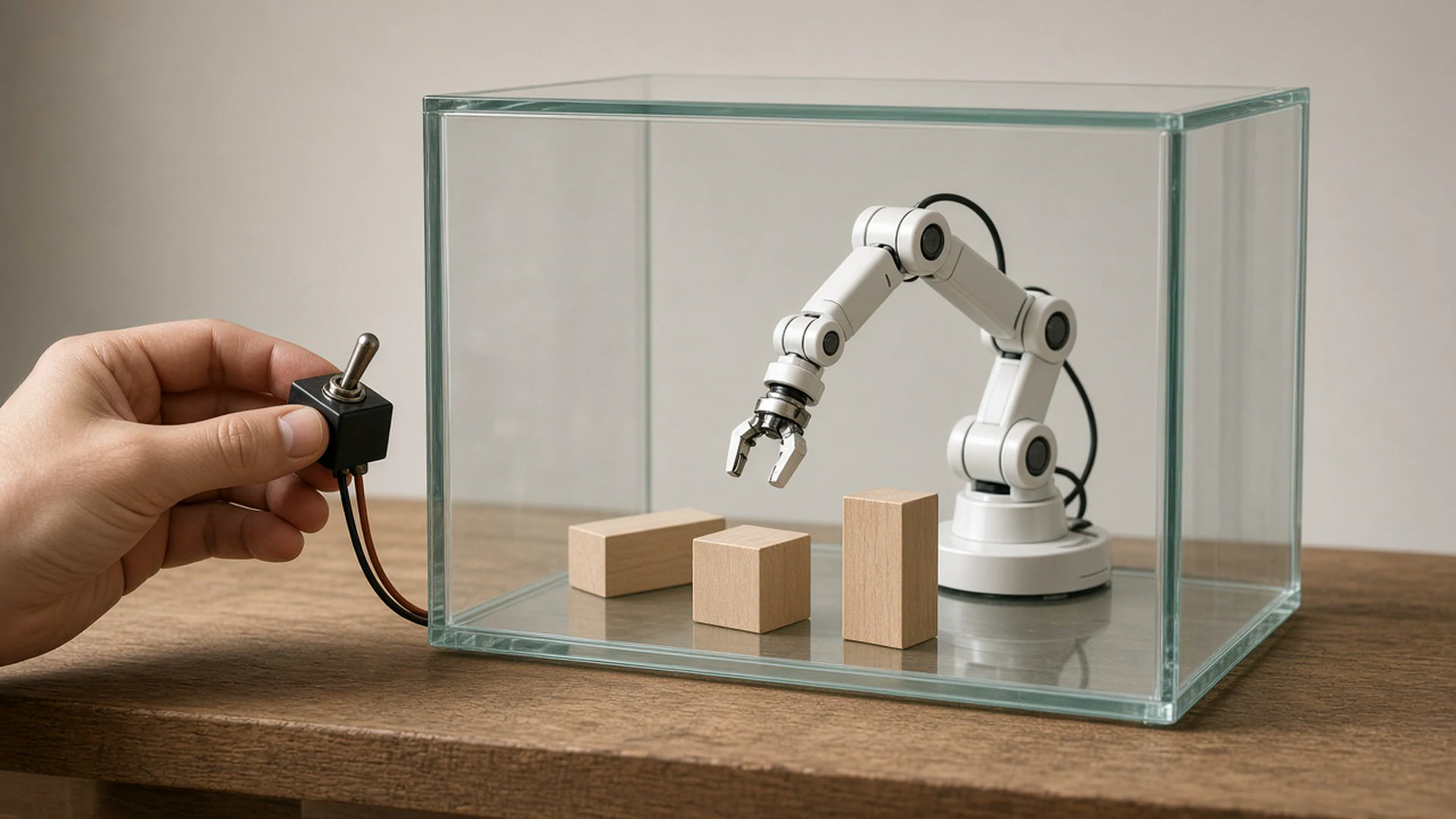 Robot arm in a glass box with a human hand holding an on/off switch outside
