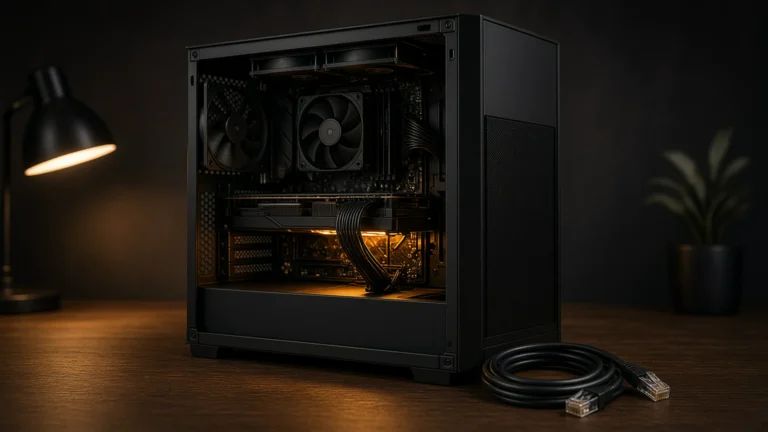 A PC tower with its side panel off beside a coiled, unplugged network cable