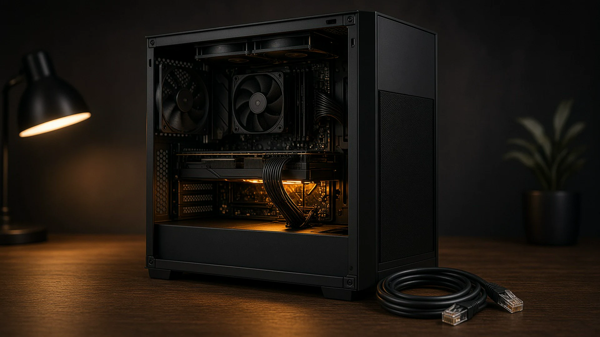 A PC tower with its side panel off beside a coiled, unplugged network cable