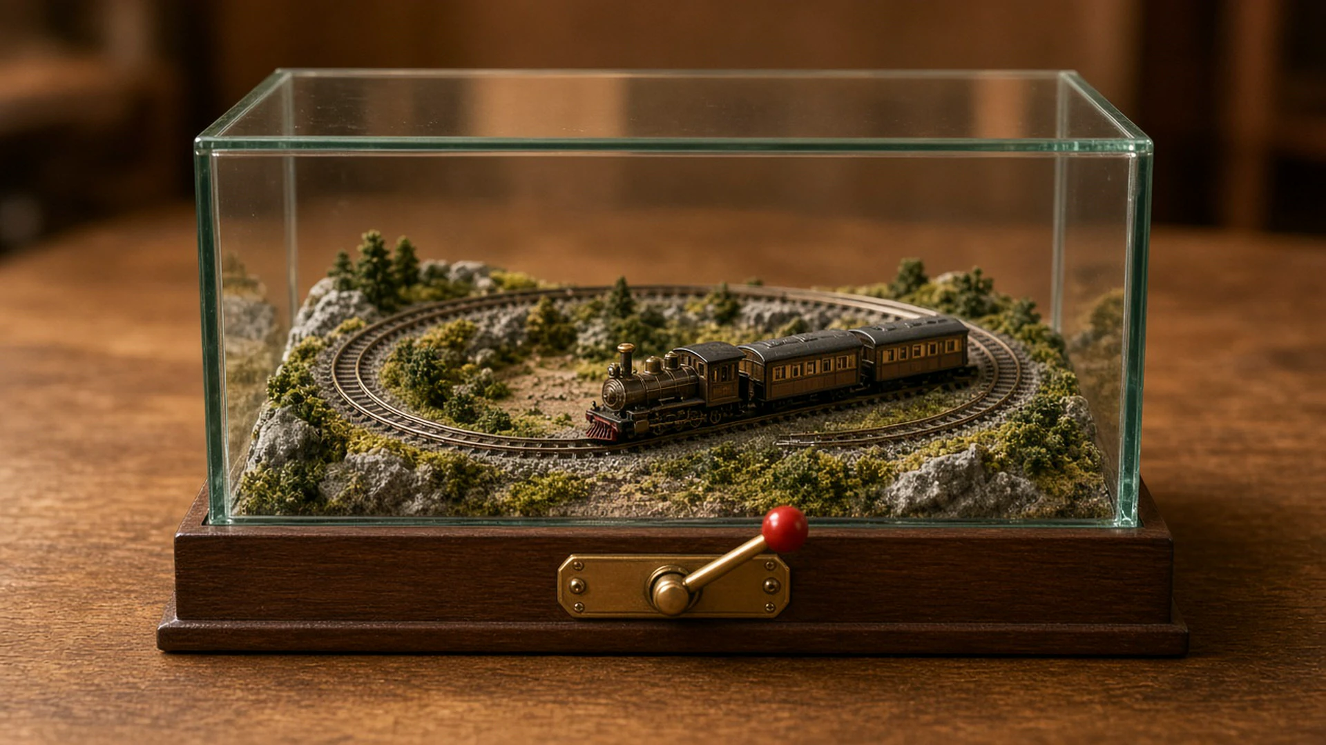 Model train on a closed loop of track inside a glass case with a hand on a lever outside