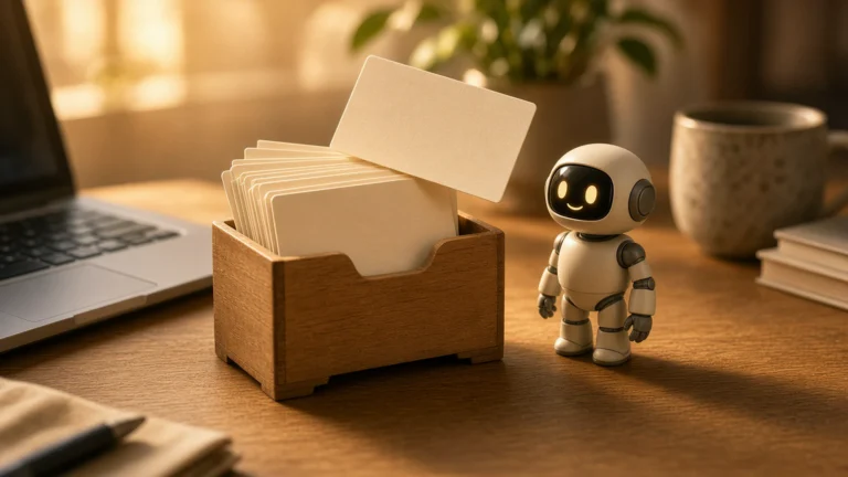 Small robot figurine beside a holder of blank index cards next to a laptop