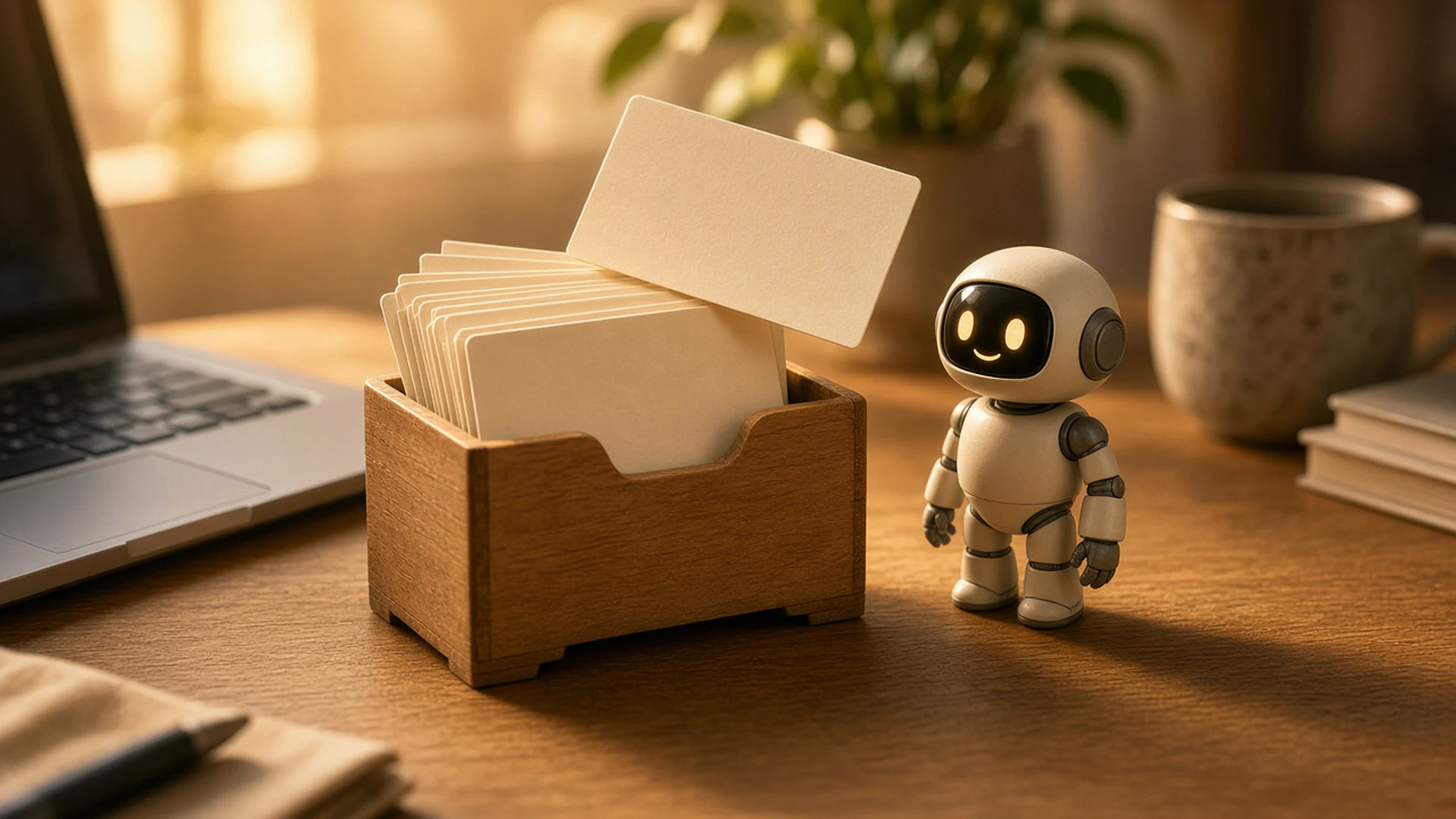 Small robot figurine beside a holder of blank index cards next to a laptop