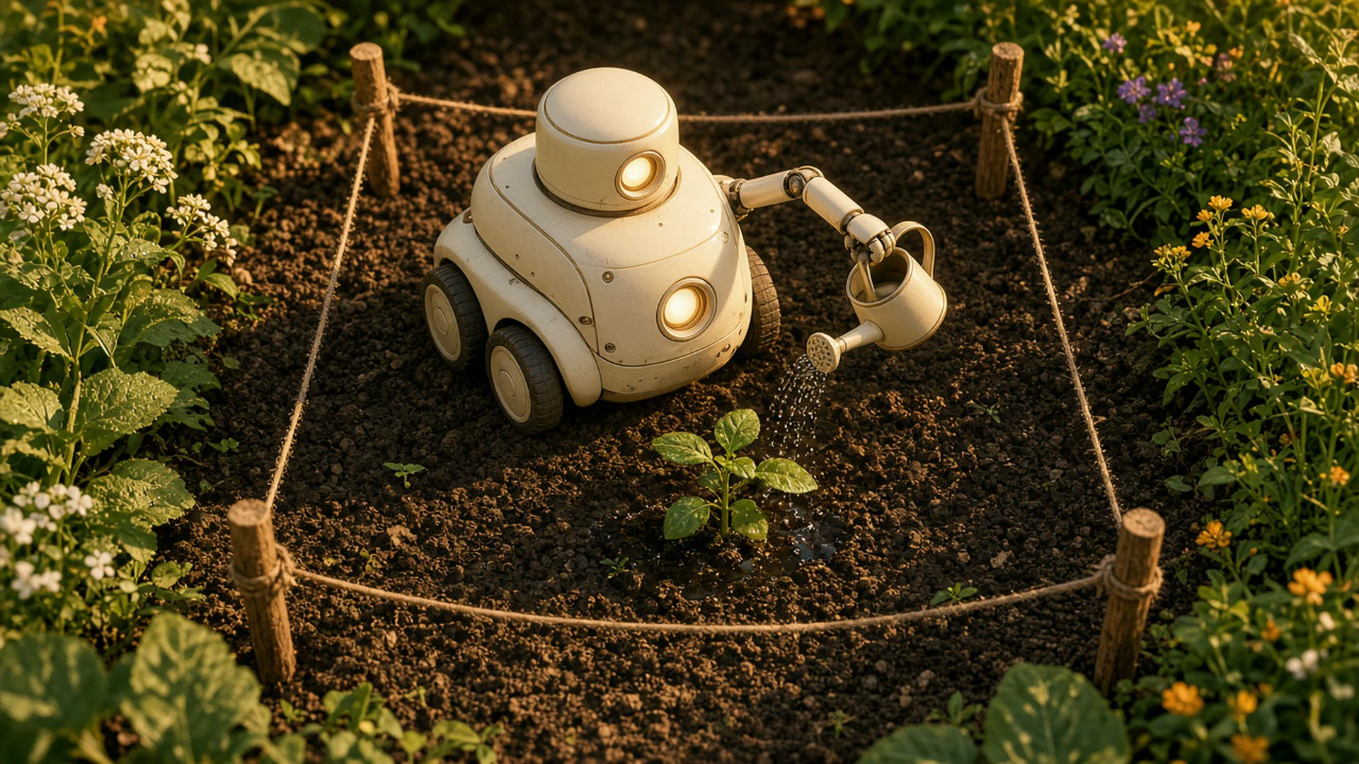 Robot gardener working only inside a plot marked out with string and stakes