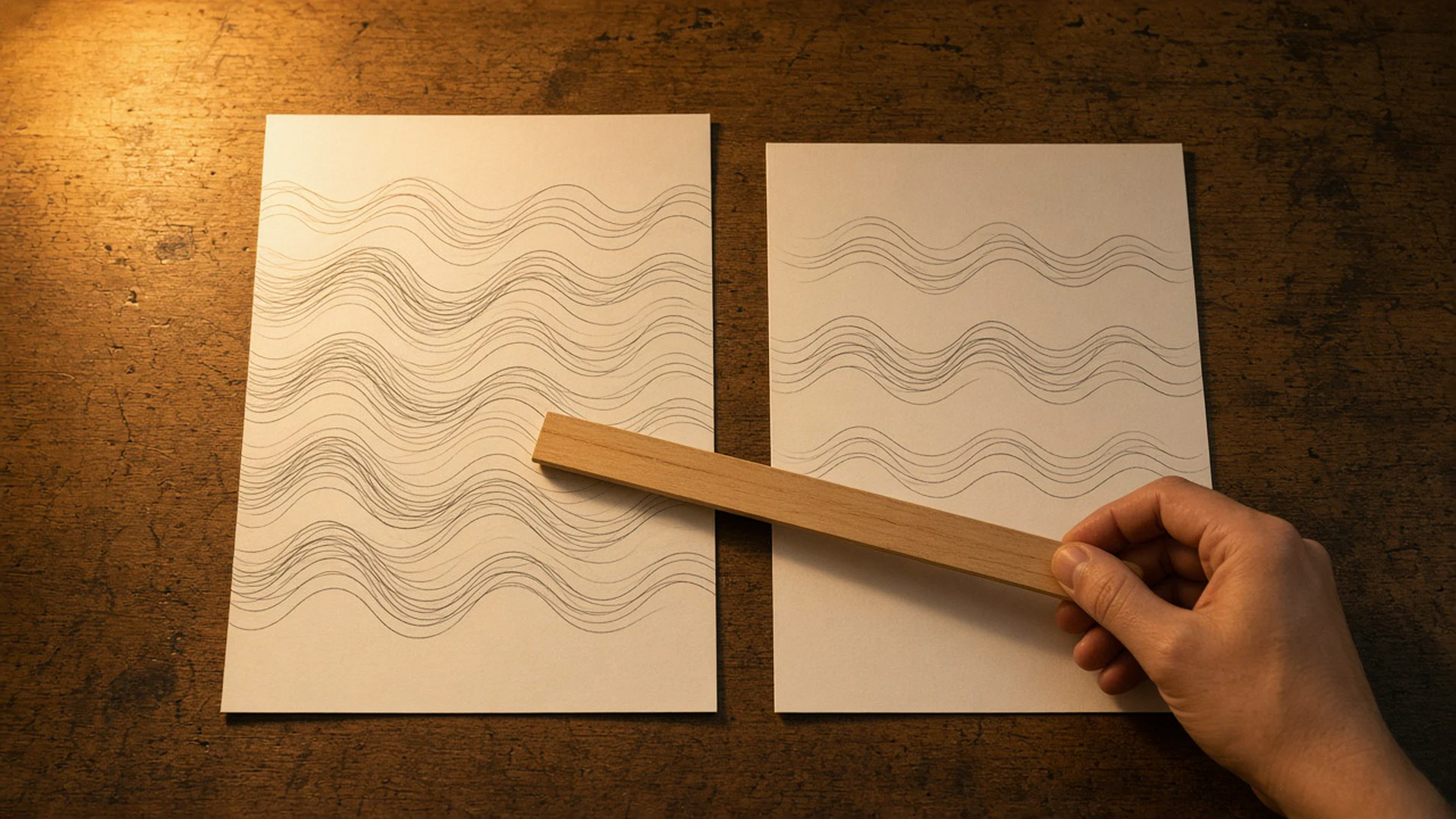 Hand lining up two blank documents with a ruler to compare them