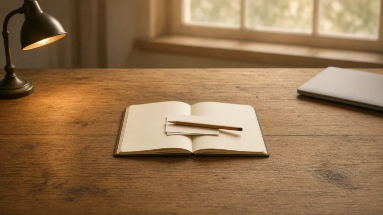 Blank notebook and index cards on a desk next to a closed laptop under warm lamp light