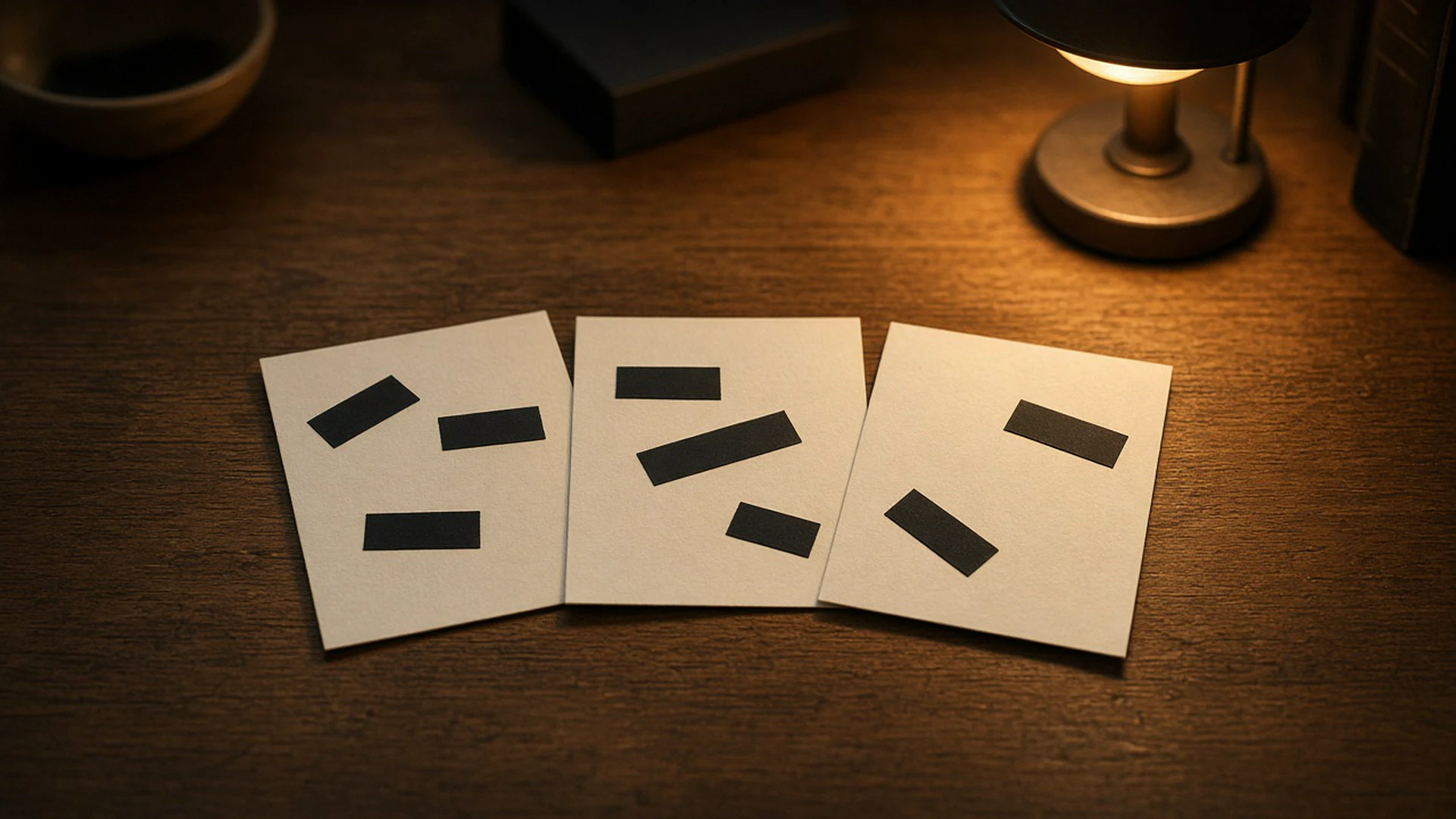Index cards on a desk with short marks covered by black tape under warm lamp light