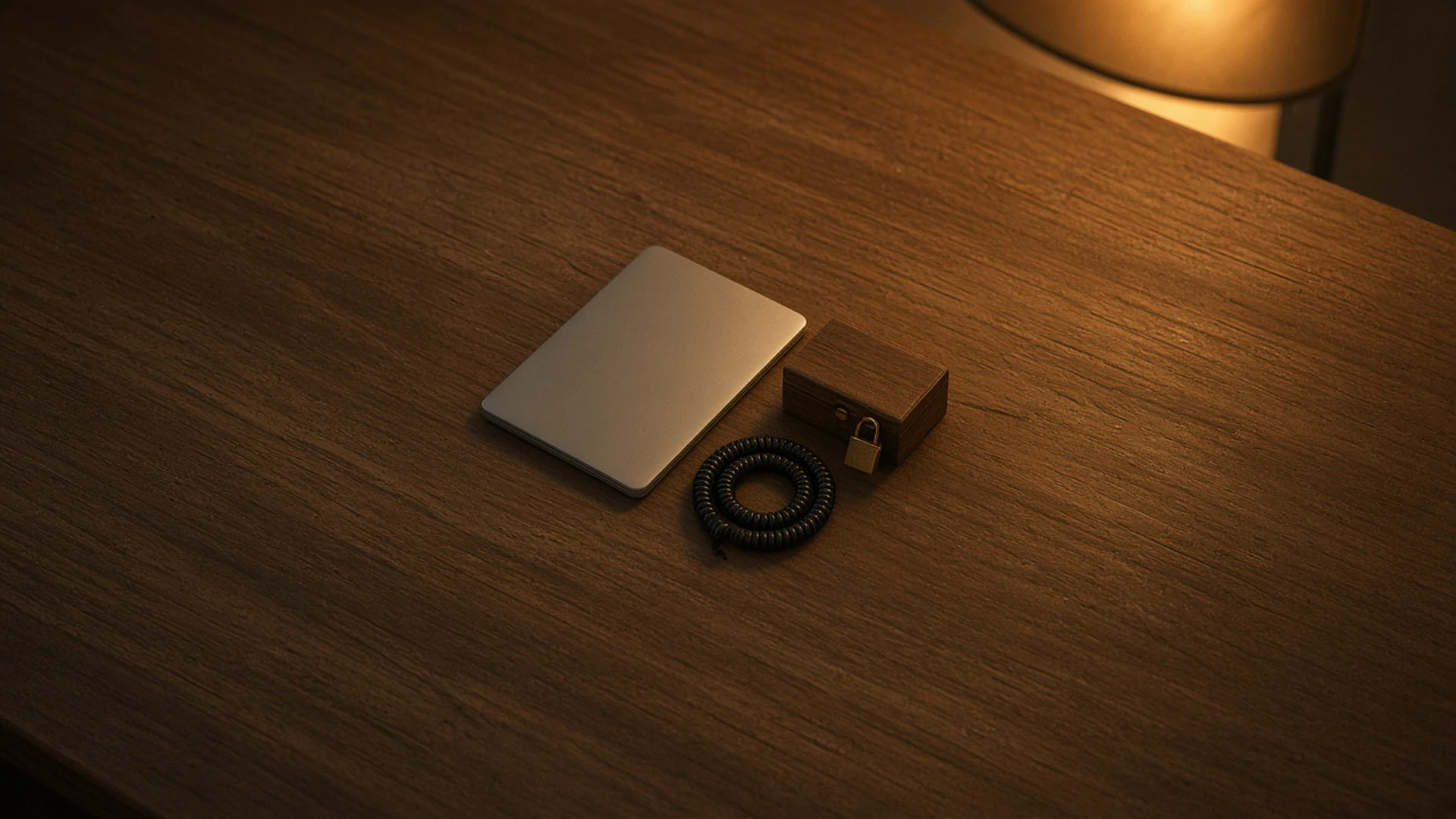 Closed laptop beside a small locked box and a coiled unplugged cable