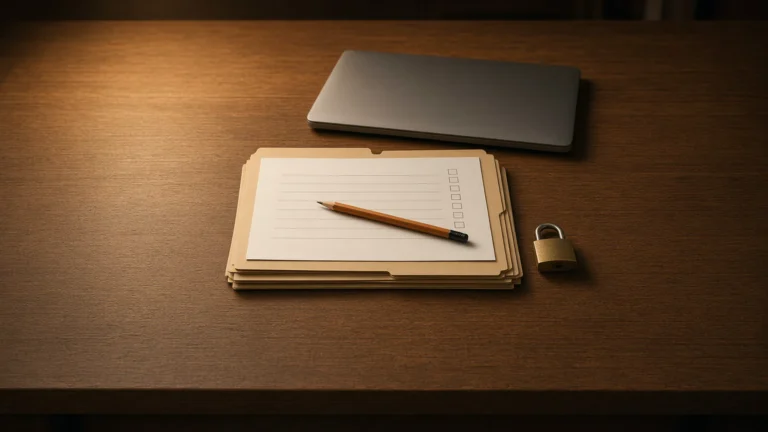 Manila folders, a blank checklist sheet and a small padlock beside a closed laptop under warm lamp light