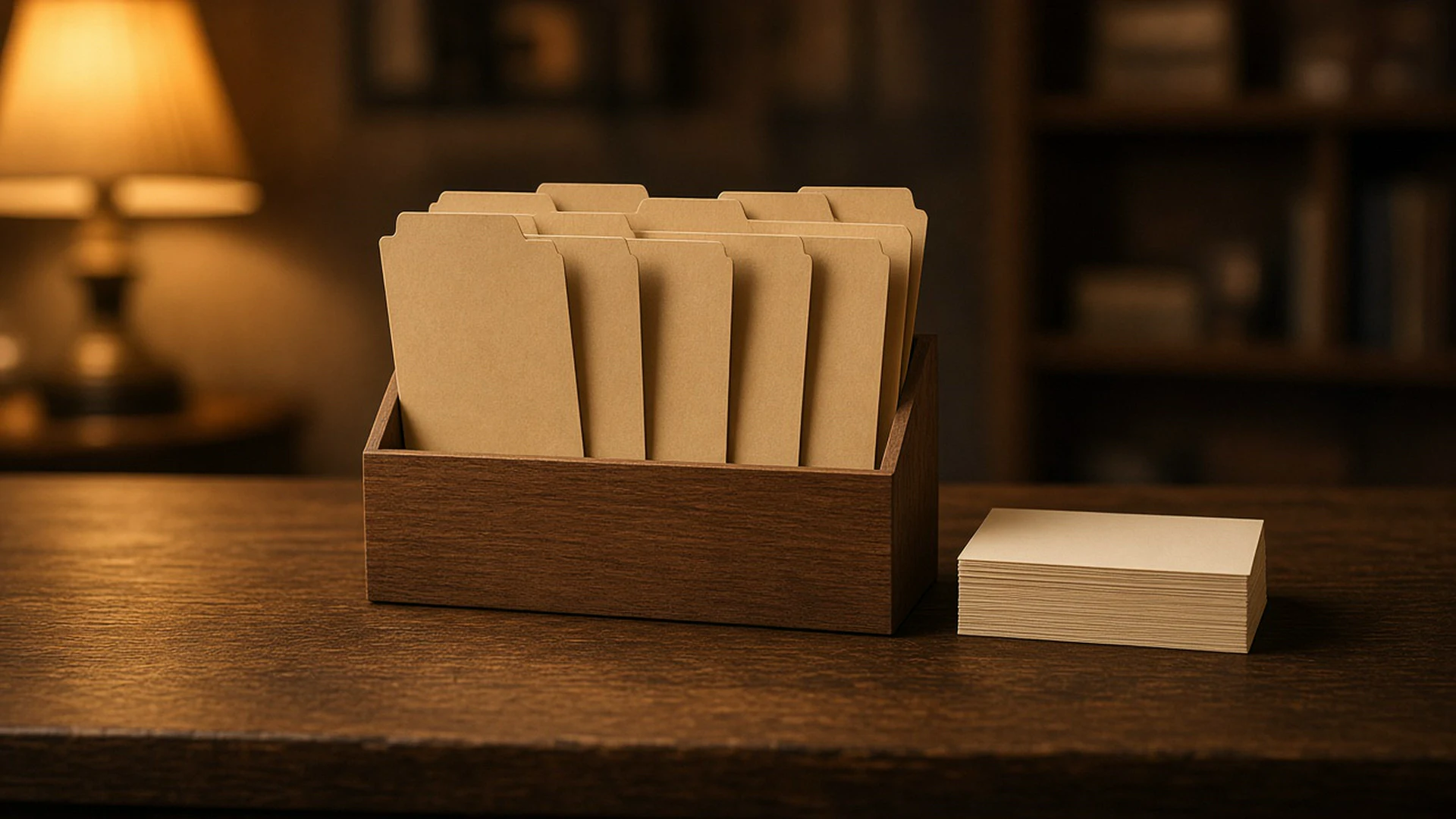Plain manila folders in a wooden desk organiser beside index cards under warm lamp light
