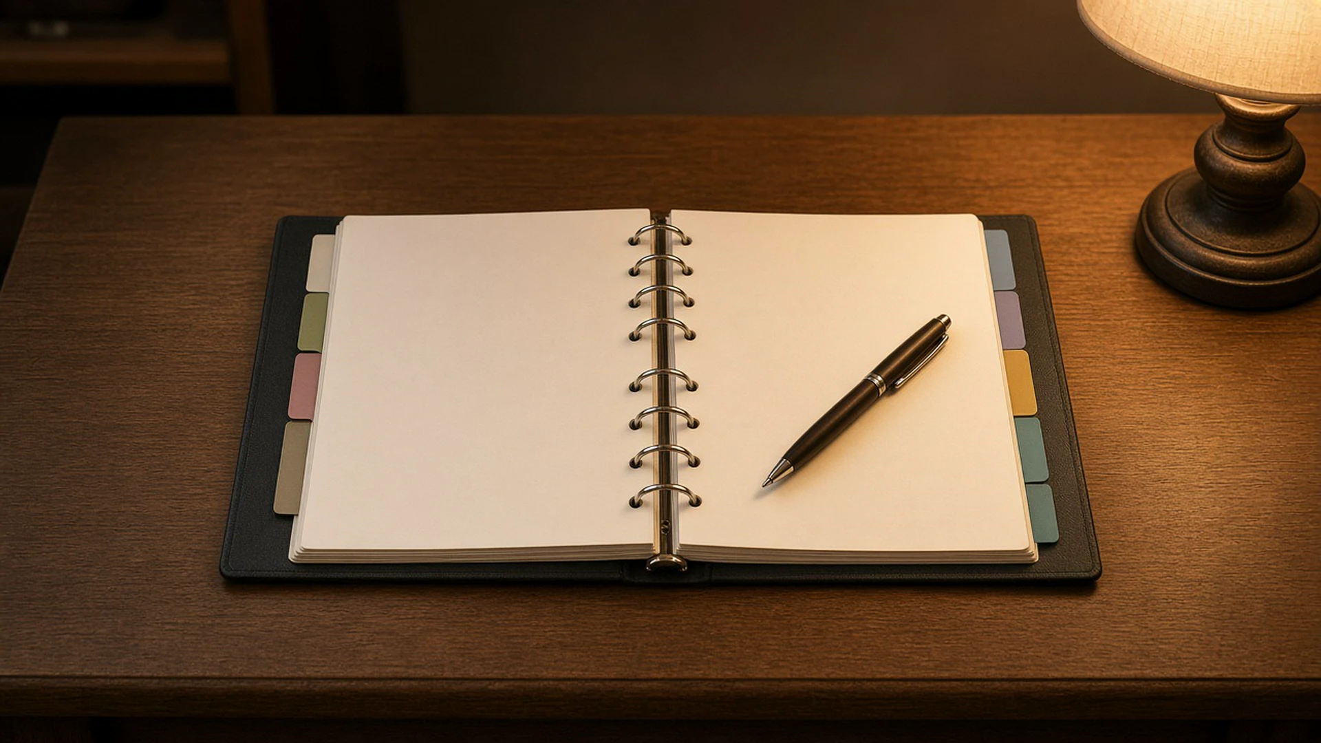 Open ring binder with blank tabbed dividers and a pen on a desk under warm light
