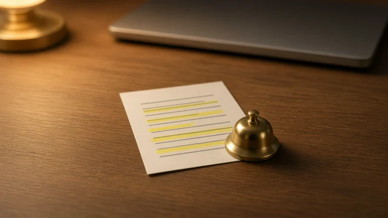 Printed sheet of blank log lines with highlighted rows and a small brass bell beside a laptop under warm lamp light