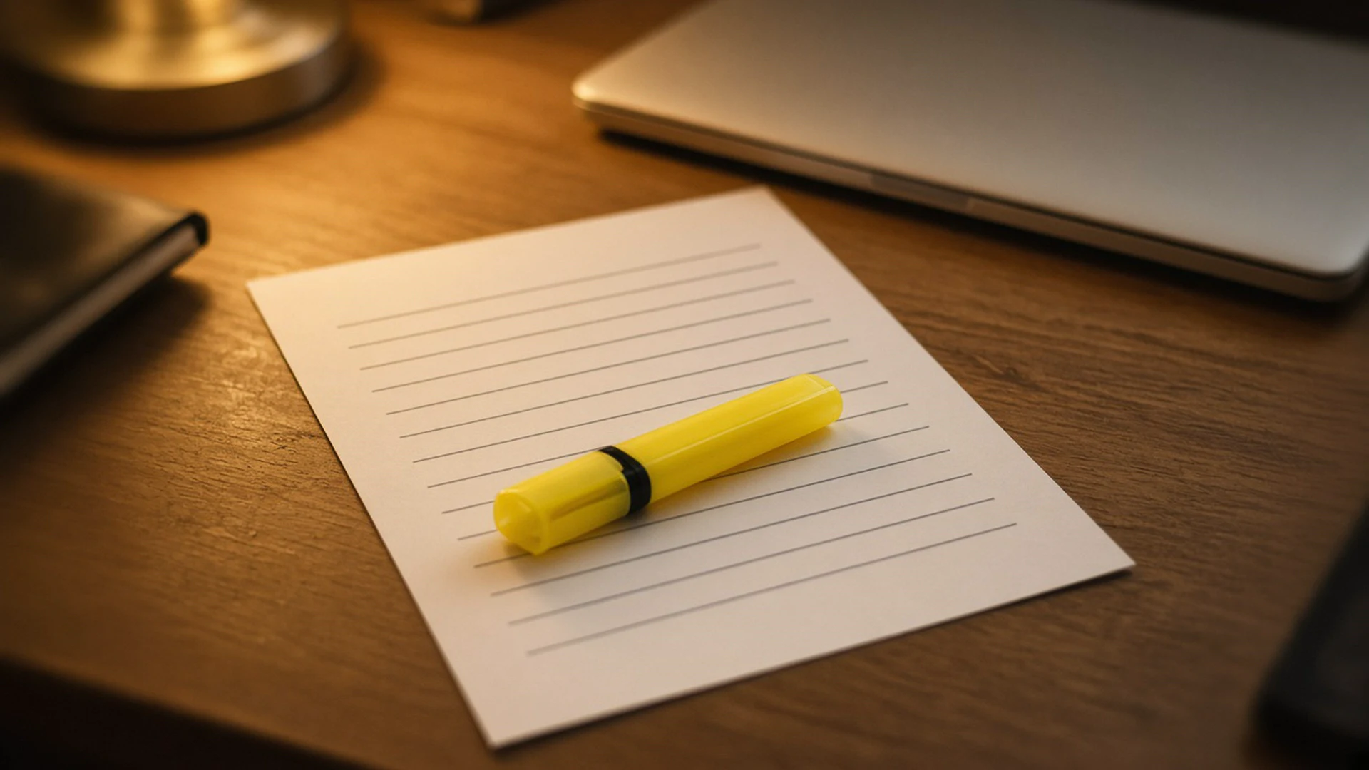 Printed sheet of blank log lines with a highlighter beside a closed laptop under warm lamp light
