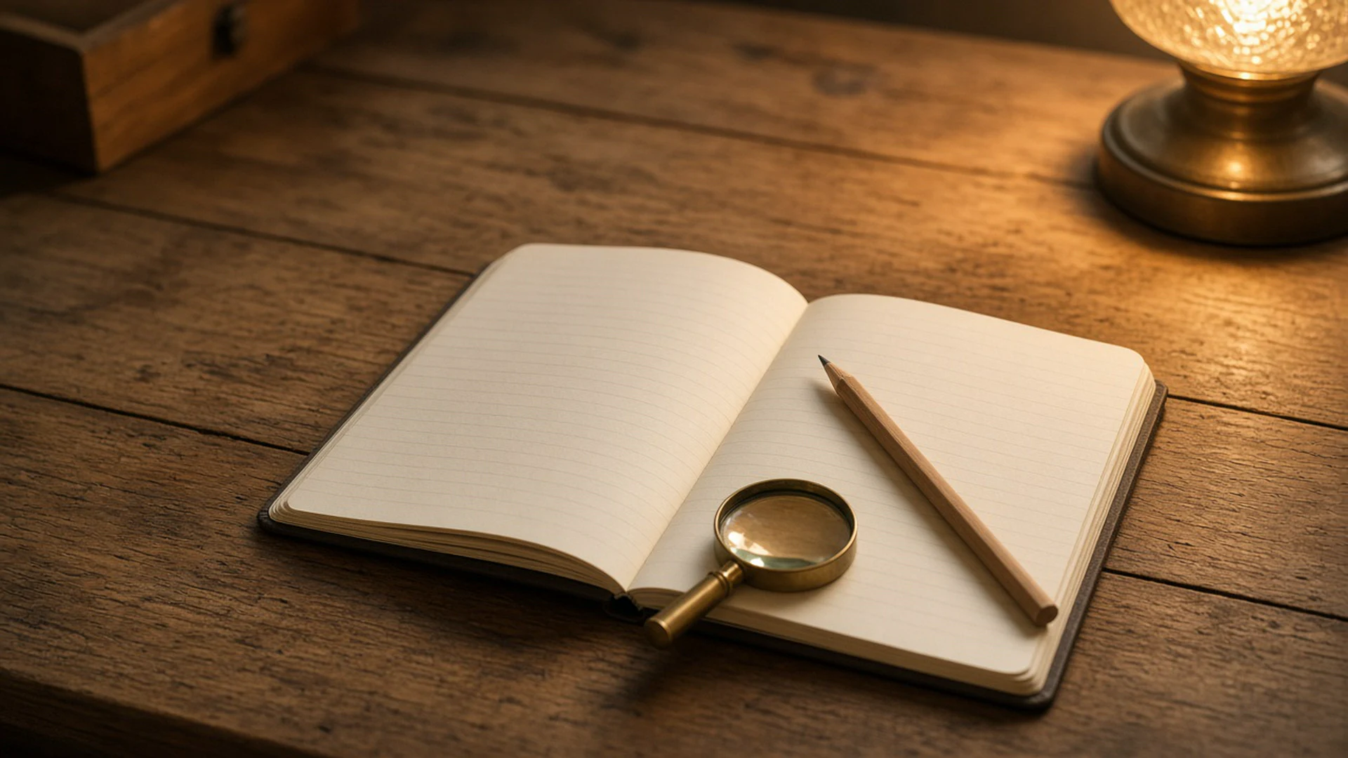Open notebook with blank pages, a pencil and a small magnifying glass on a desk under warm light