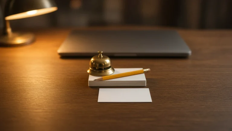 Brass desk bell beside a stack of blank index cards and a pencil on a wooden desk under warm lamp light
