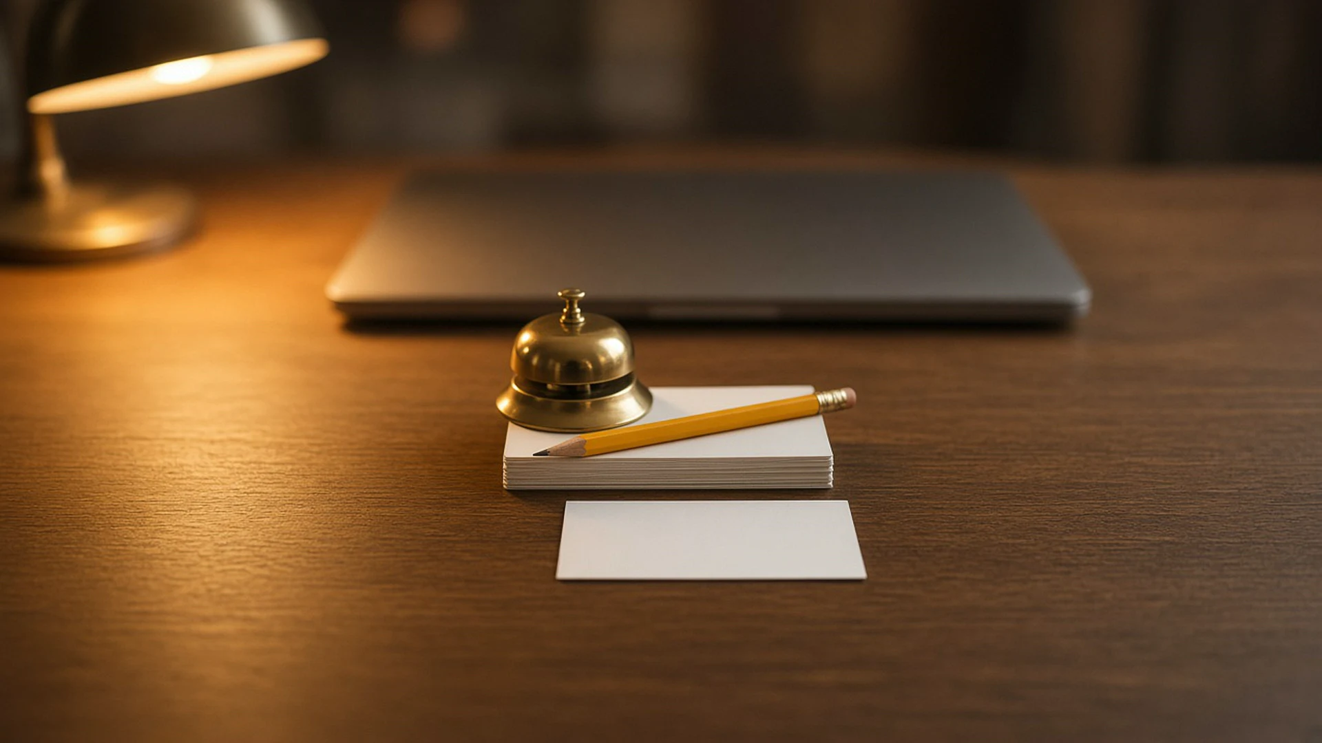 Brass desk bell beside a stack of blank index cards and a pencil on a wooden desk under warm lamp light