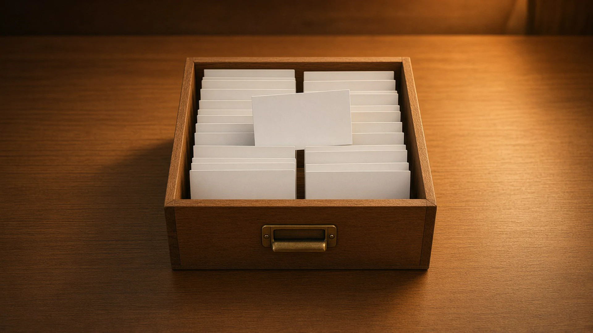 Wooden card index box with blank cards in rows and one card pulled out under warm lamp light