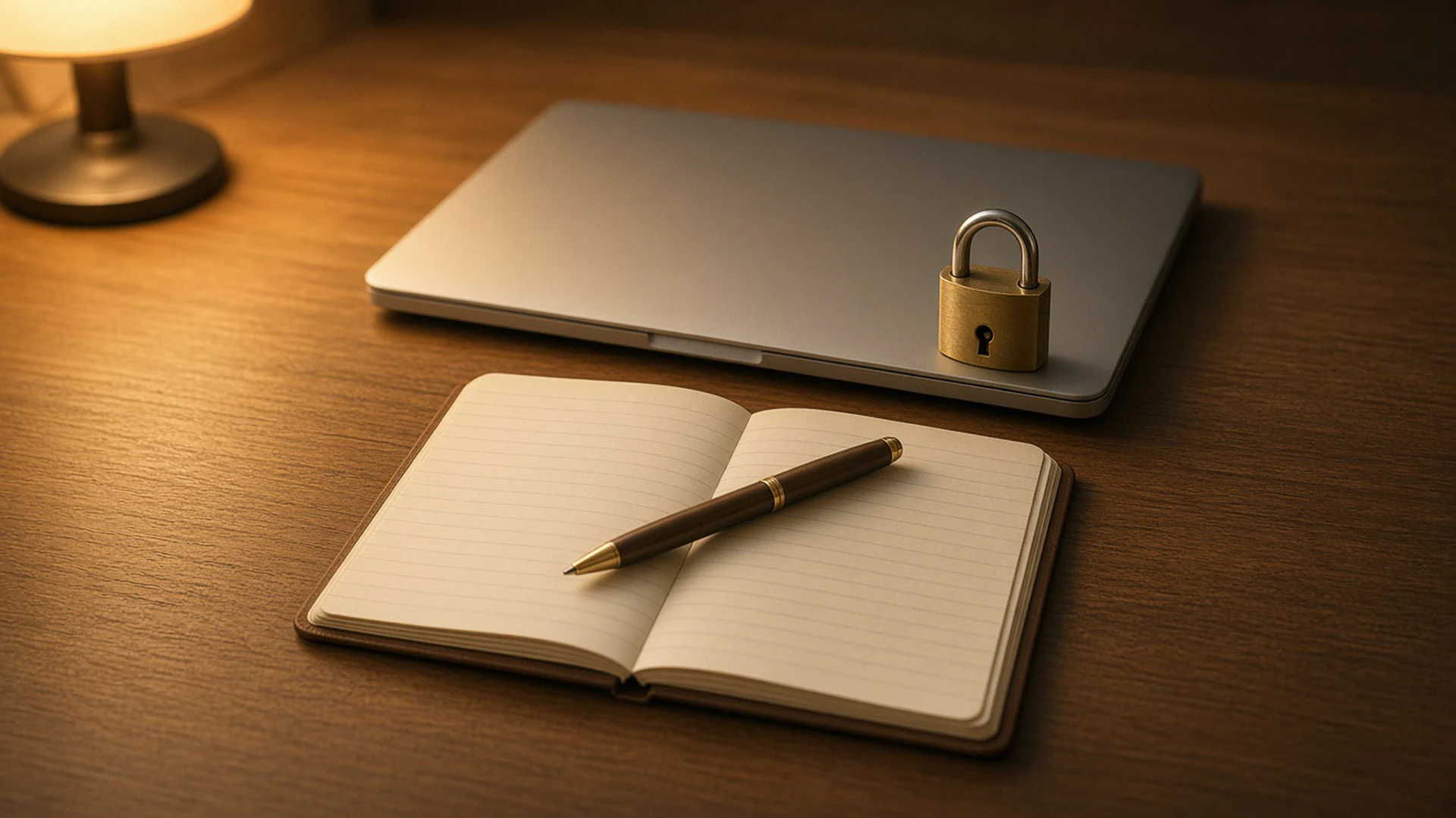 Brass padlock on a closed laptop beside an open blank ledger and a pen under warm lamp light