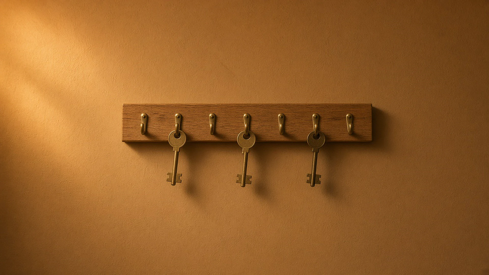 Wooden key rack with three brass keys and several empty hooks under warm lamp light