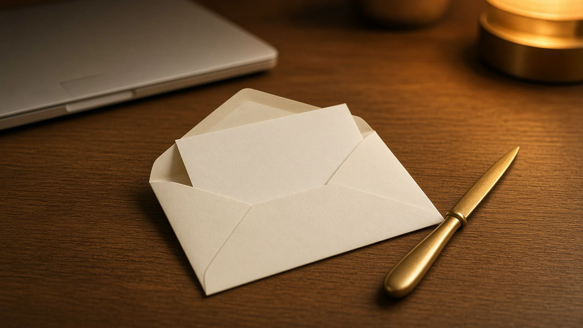 Envelope with a blank folded note poking out beside a letter opener on a wooden desk under warm lamp light