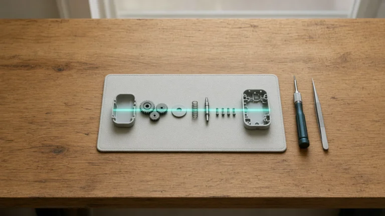 A mechanical gadget taken apart in a neat row on a workbench, parts laid out in sequence