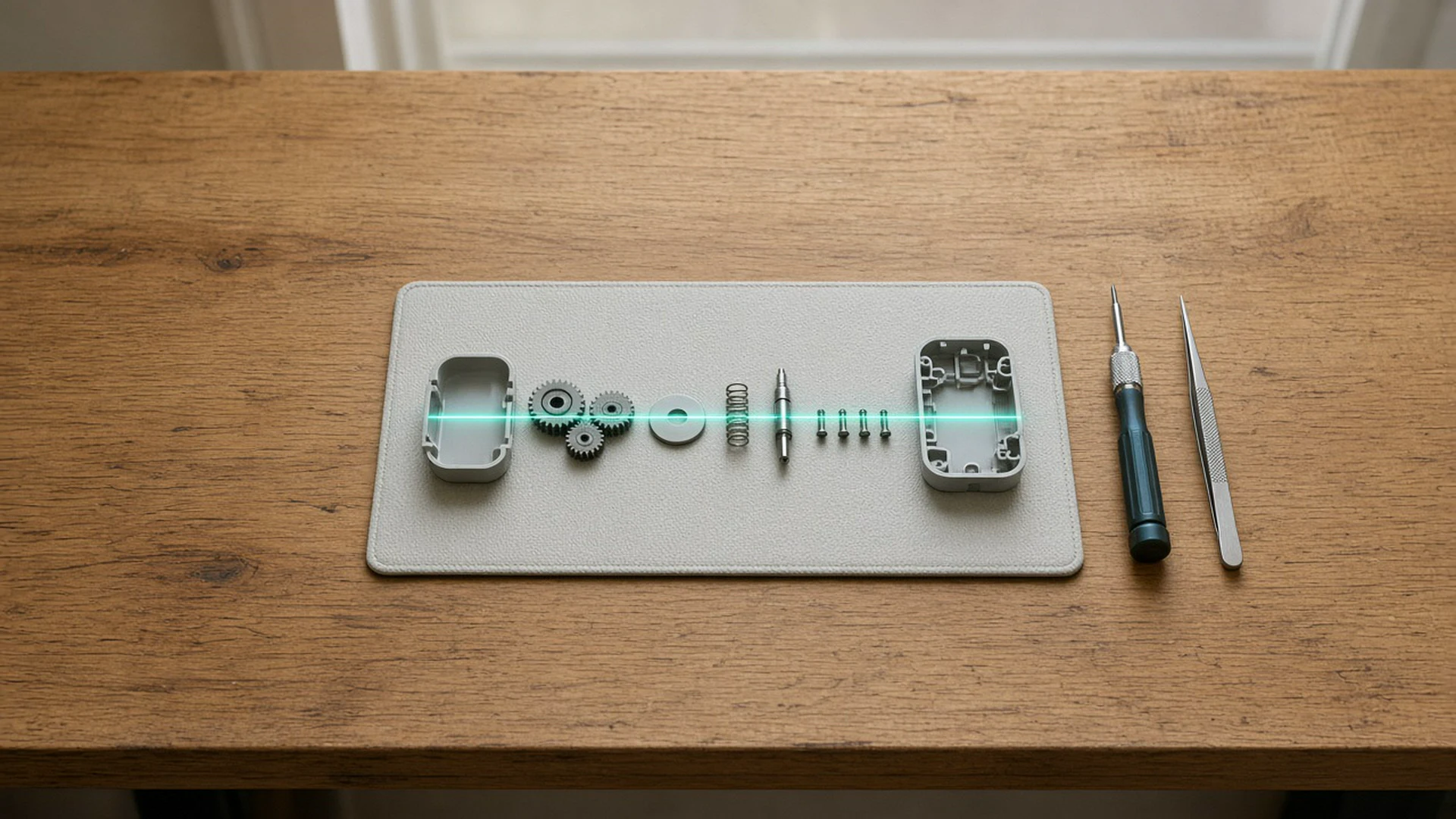 A mechanical gadget taken apart in a neat row on a workbench, parts laid out in sequence