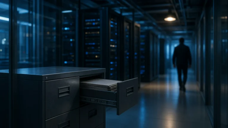 Server room corridor seen through glass, with one filing cabinet drawer slightly open