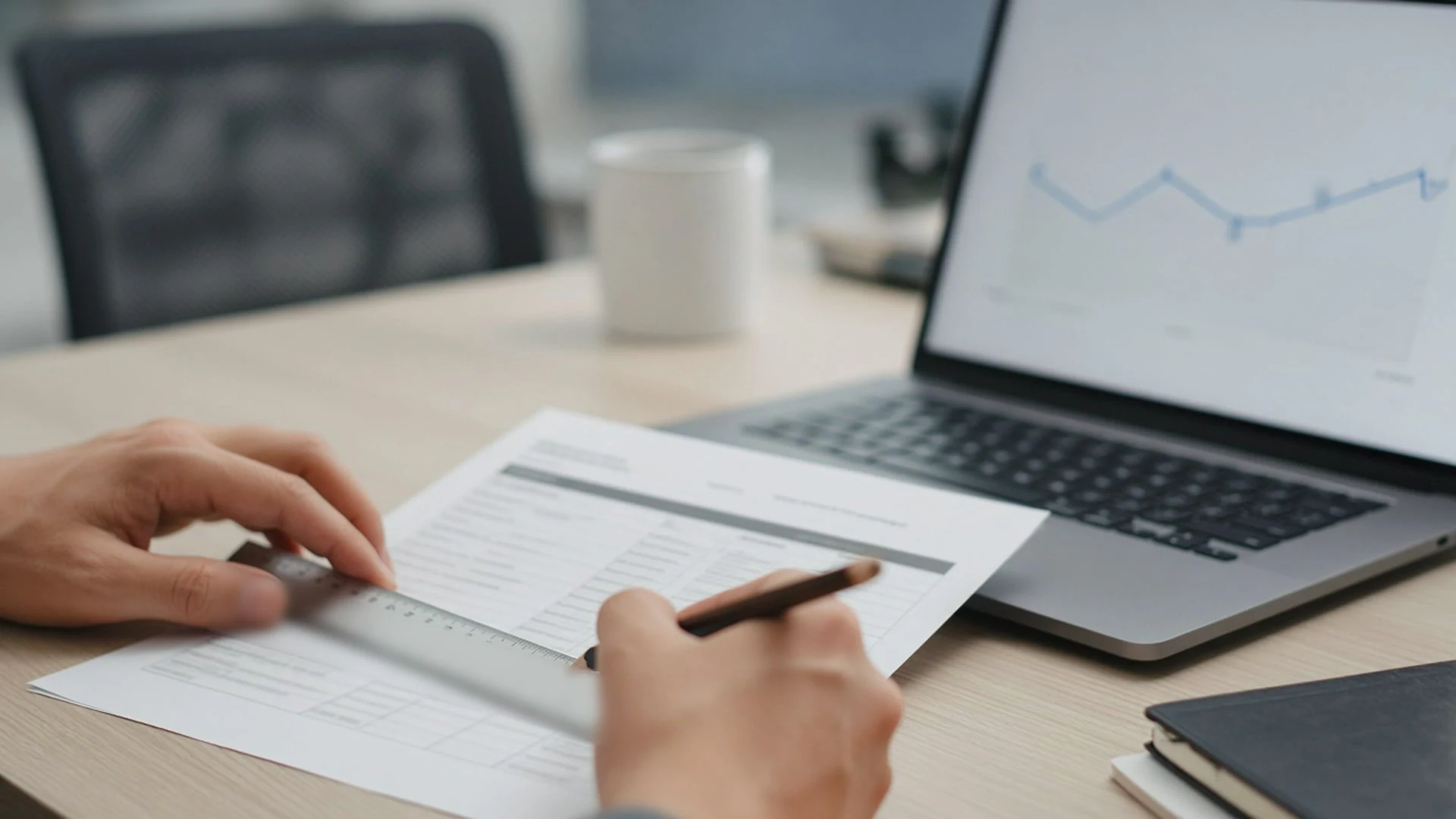 Printed access log being checked with a ruler and pencil beside a laptop