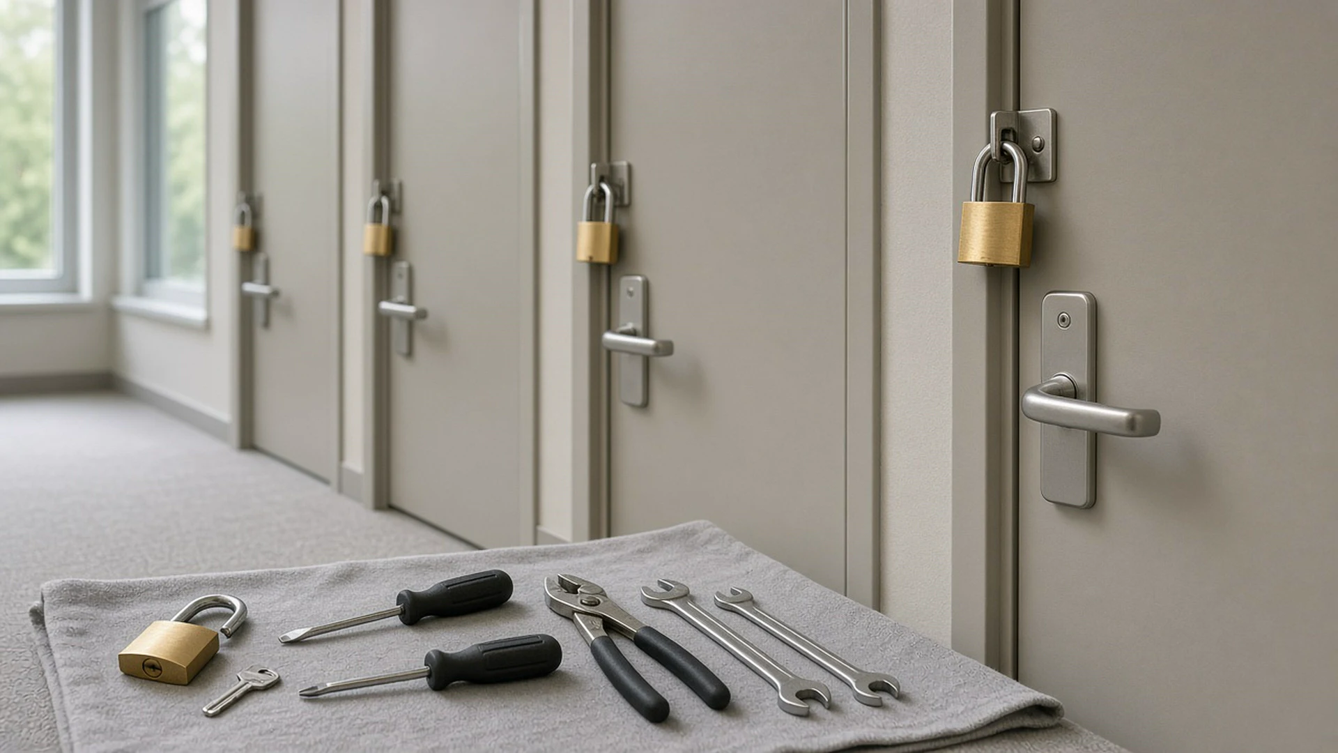Row of office doors with fresh brass padlocks being fitted