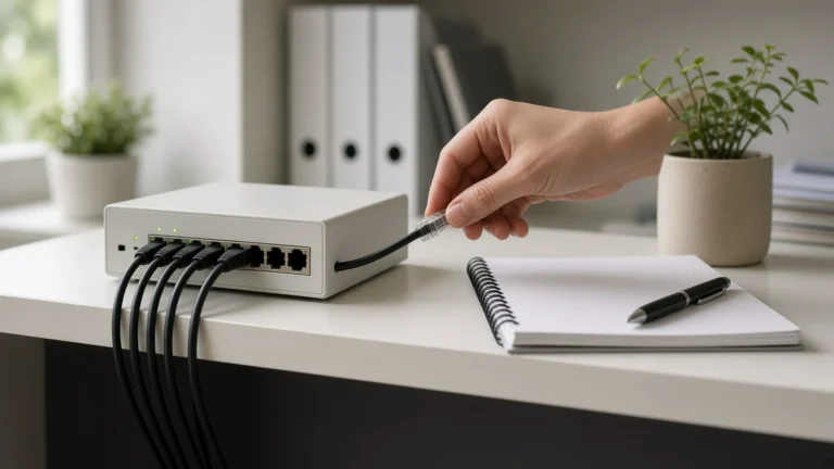 Small network appliance on a tidy office shelf, one cable being unplugged beside a notebook