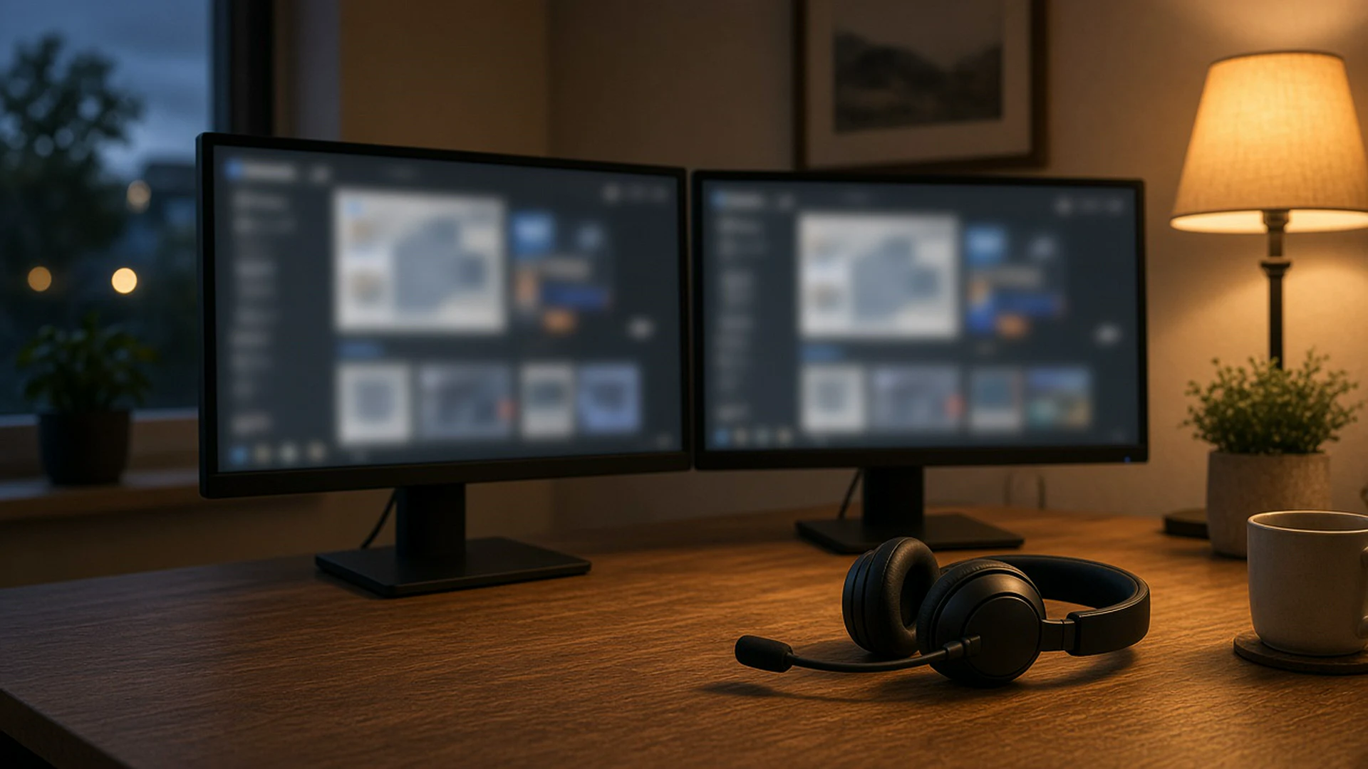 Support desk with two monitors showing blurred session windows and a headset