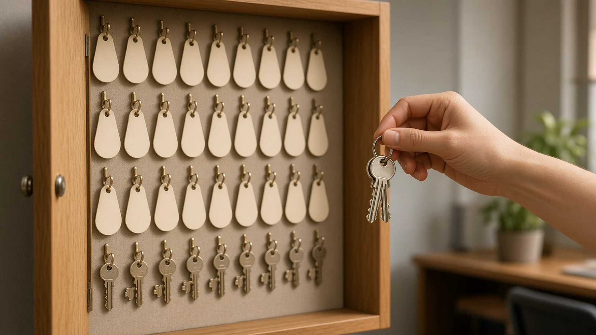 Key cabinet with blank labelled tags and a fresh set of keys being rotated
