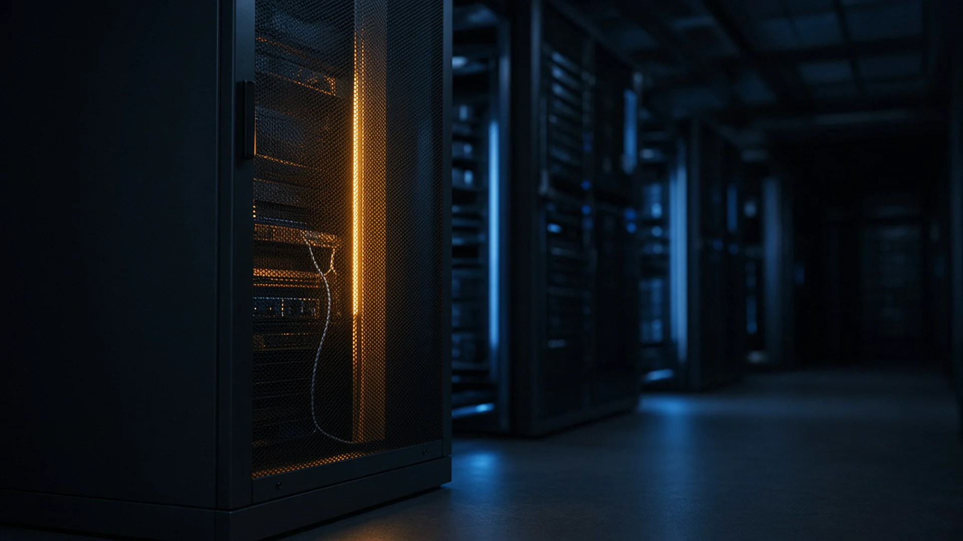 A quiet server room at night with one network appliance door ajar and amber light spilling out