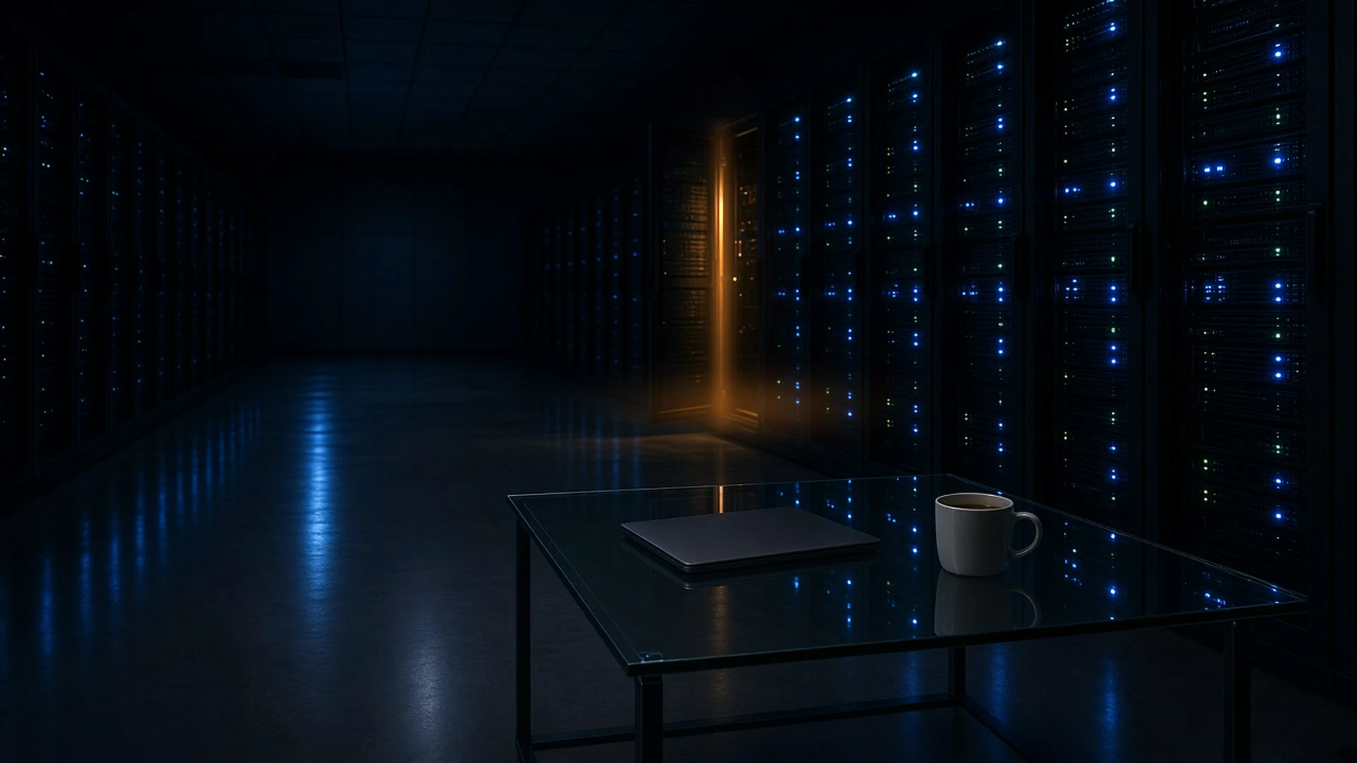 Dim server aisle at night with one rack door open and amber light spilling out