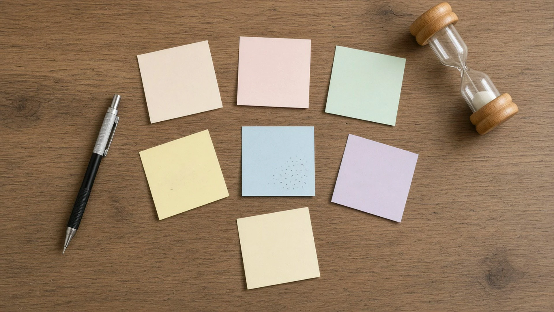 Timeline sticky notes arranged in an arc on a wooden desk beside an hourglass