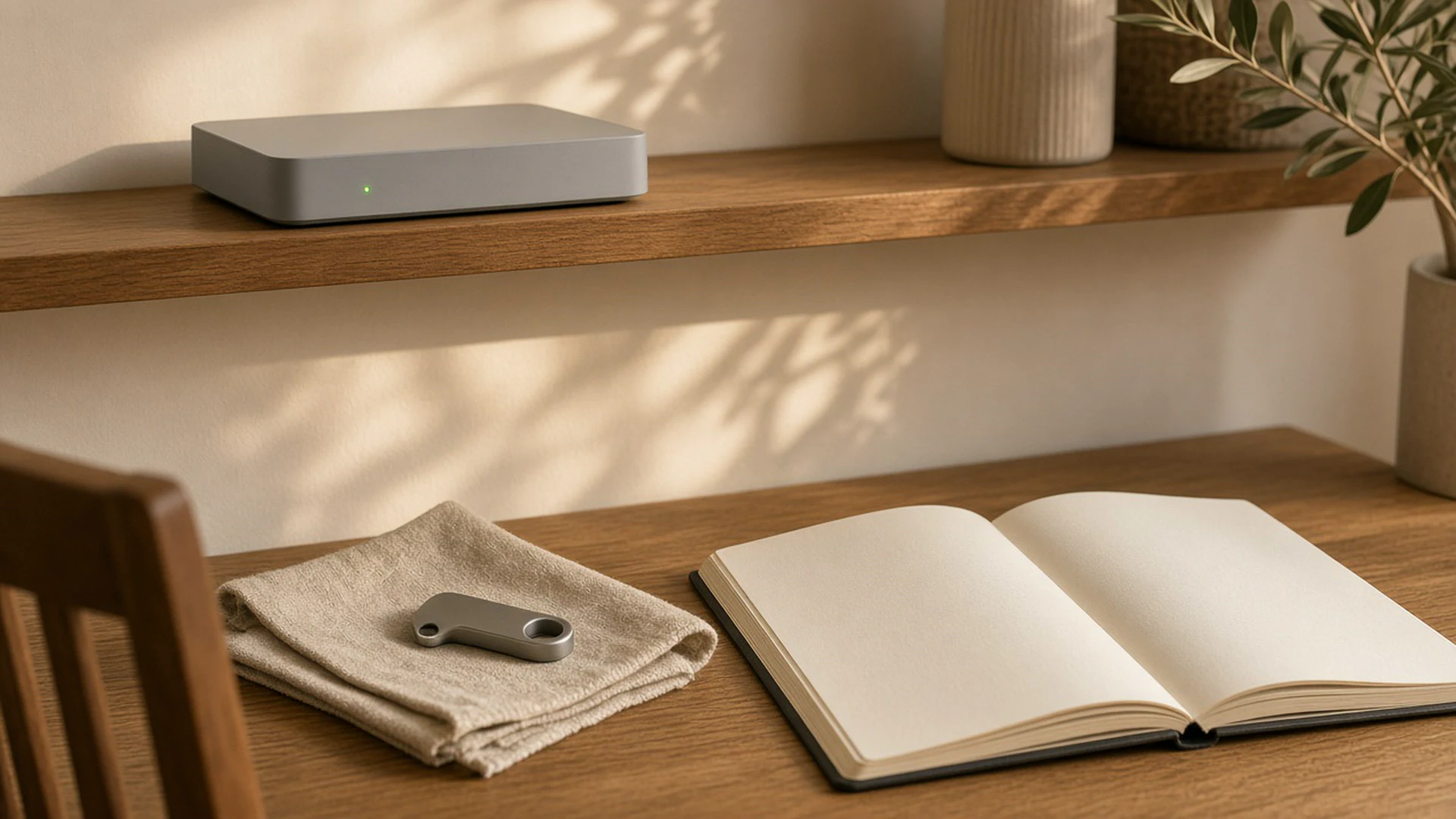 Home office router, hardware security key and an open notebook in warm light