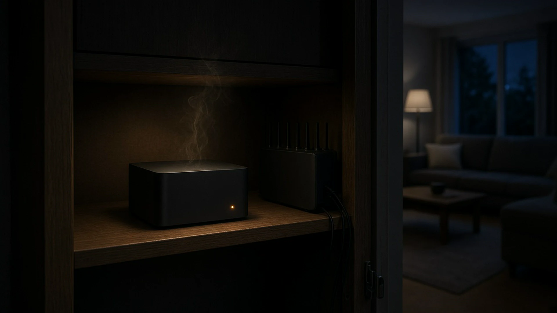 Small home media server on a shelf beside a router with an amber status light