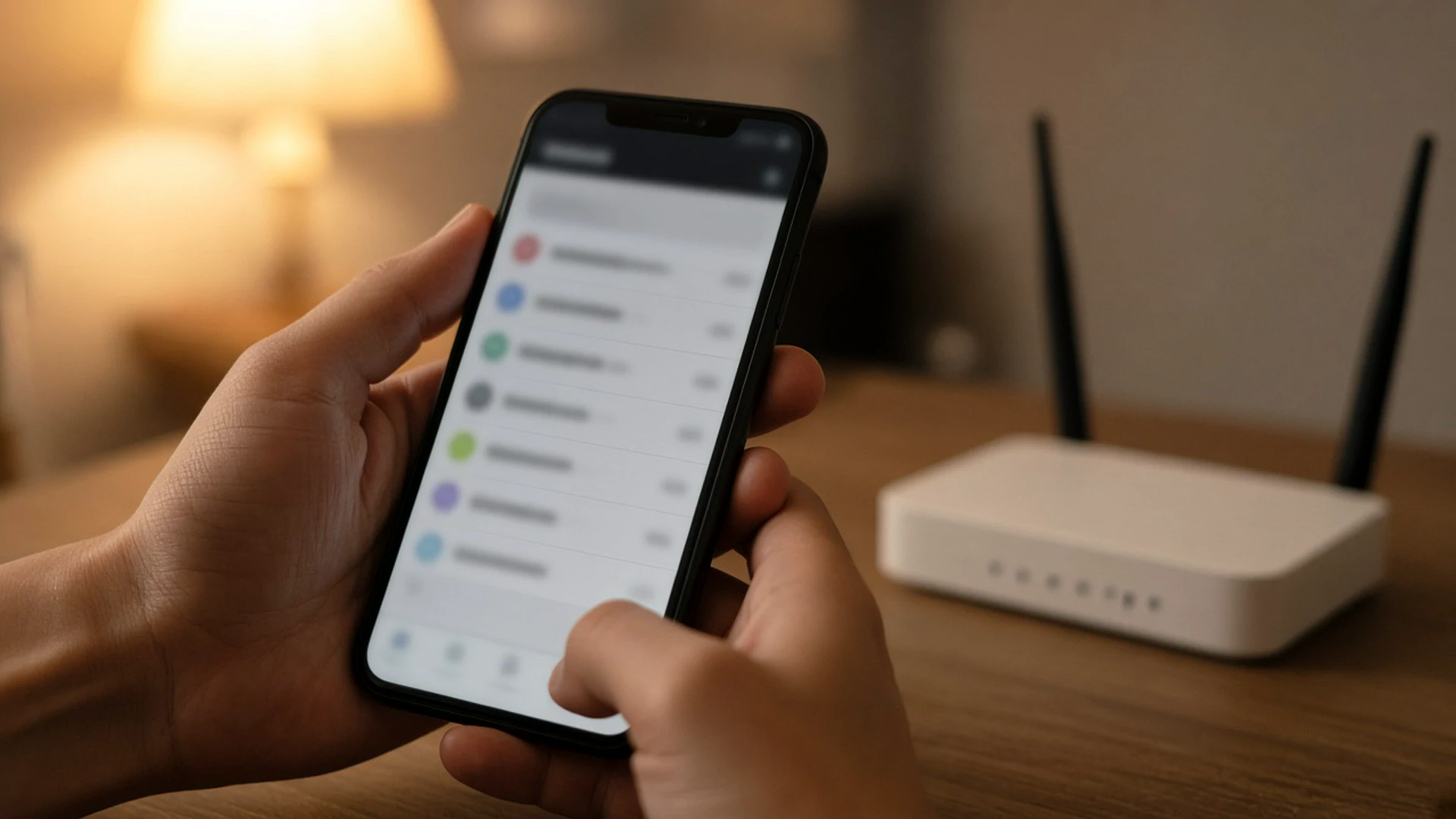 Hands holding a phone near a router while checking settings