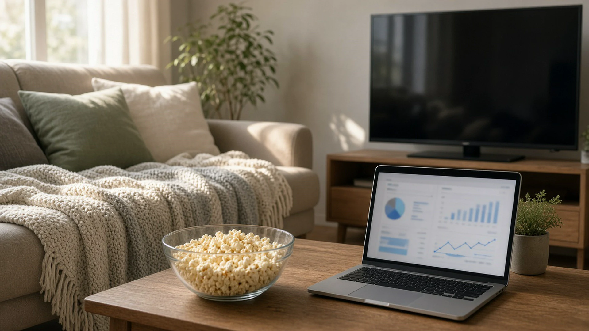 Living room sofa with a blanket and popcorn facing a switched-off TV and an open laptop