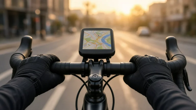 Bike computer mounted on road bike handlebars showing a color map