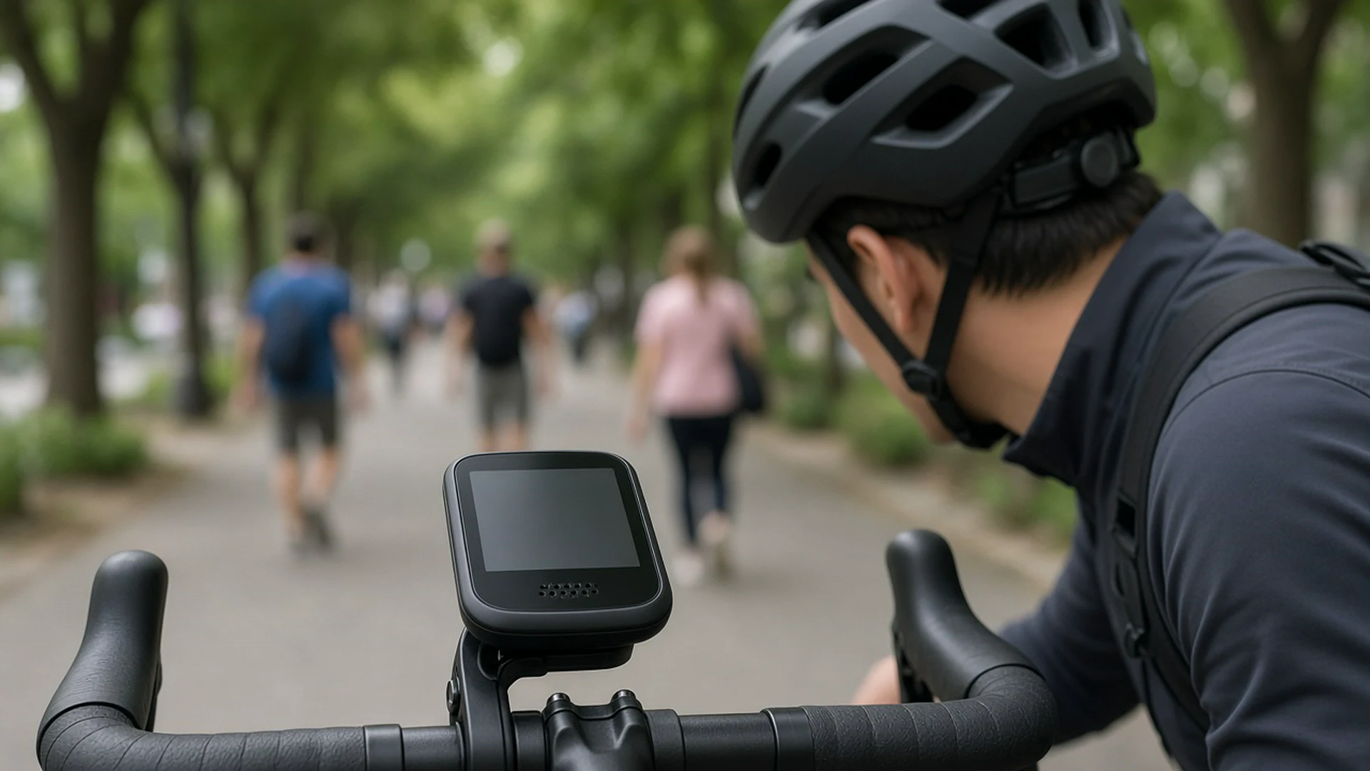 Handlebar bike computer with speaker grille on a shared path