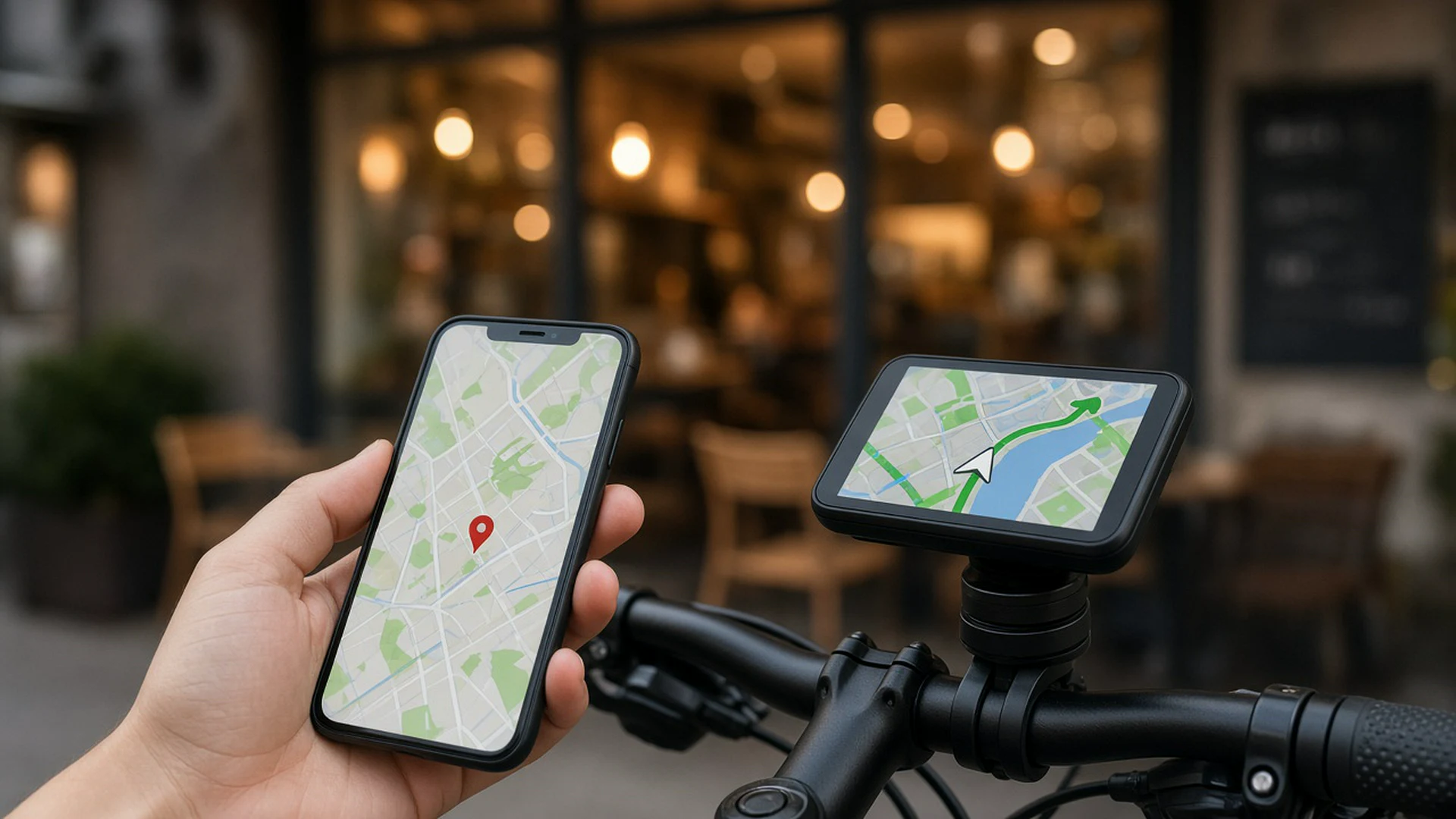 Phone map pin beside a bike computer showing turn-by-turn route