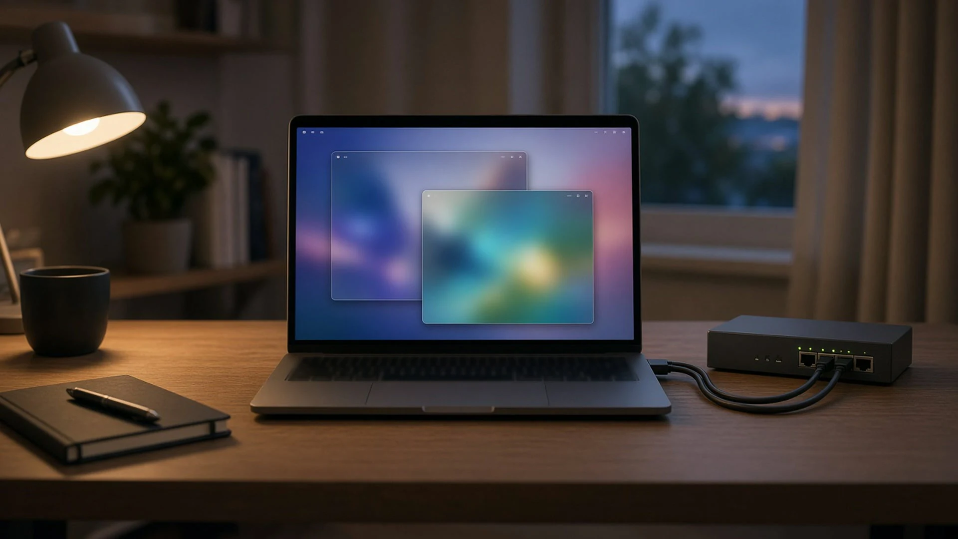 Laptop on a desk running two virtual machine windows beside a closed-loop network switch