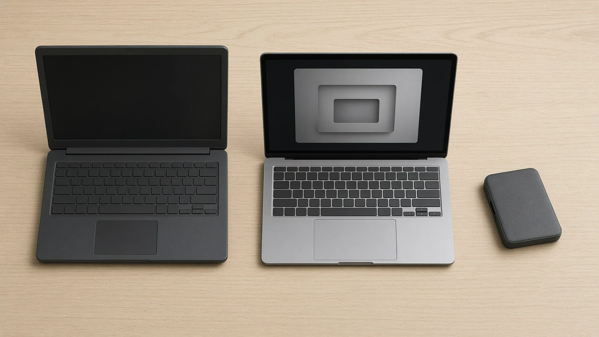 Old laptop, modern laptop and portable SSD side by side on a wooden table